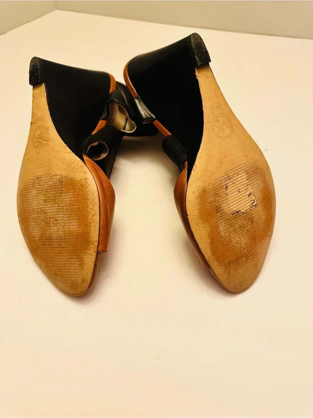 Michael Kors Tan Leather & Black Elastic Wedge Sandals